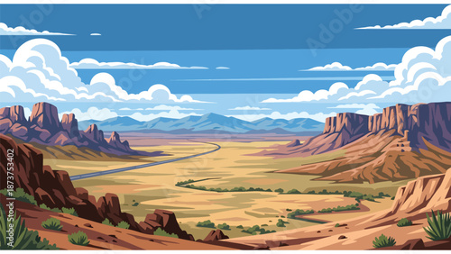 Flat vector illustration of Nevada desert landscape with rocky mountains, dry valleys, distant highways, and wide skies, arid western scenery in solid colors