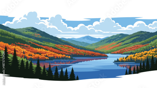 Flat vector illustration of New Hampshire landscape with forested mountains, lakes, and peaceful countryside, classic New England nature scenery in solid flat colors
