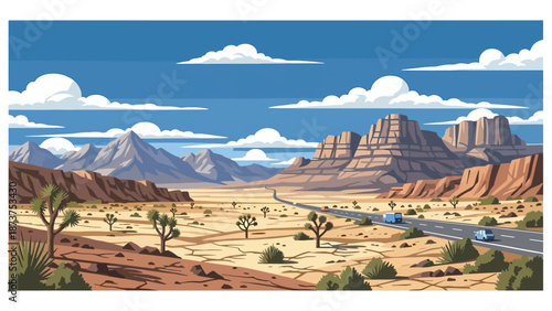 Flat vector illustration of Nevada desert landscape with rocky mountains, dry valleys, distant highways, and wide skies, arid western scenery in solid colors
