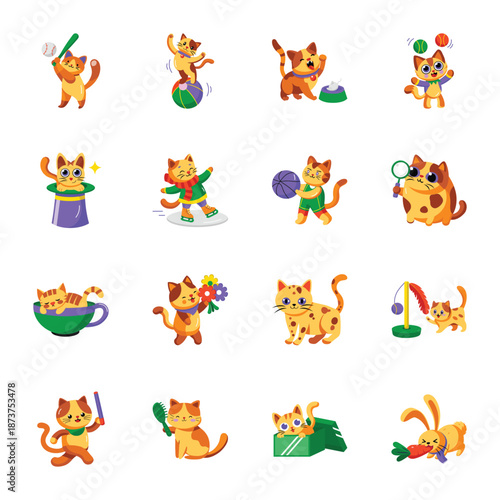 Set of Cats playing Flat Style Icons 
