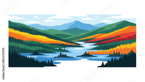 Flat vector illustration of New Hampshire landscape with forested mountains, lakes, and peaceful countryside, classic New England nature scenery in solid flat colors