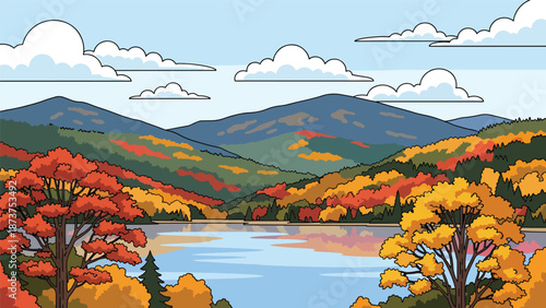 Flat vector illustration of New Hampshire landscape with forested mountains, lakes, and peaceful countryside, classic New England nature scenery in solid flat colors