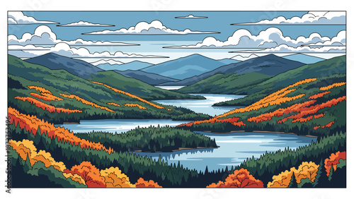 Flat vector illustration of New Hampshire landscape with forested mountains, lakes, and peaceful countryside, classic New England nature scenery in solid flat colors