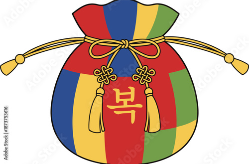 Vector illustration of a traditional Korean lucky bag, known as a Bokjumeoni. The pouch features a vibrant patchwork design in red, blue, yellow, and green, cinched with a golden tasseled drawstring.
