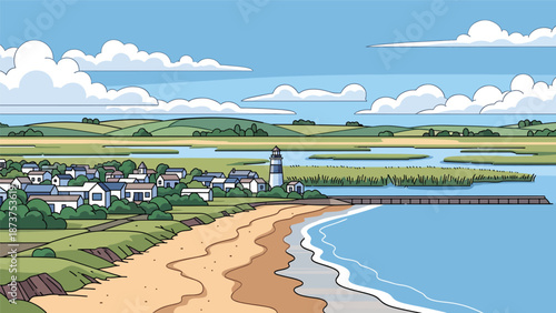 Flat vector illustration of New Jersey landscape combining sandy beaches, wetlands, coastal towns, and inland countryside, diverse scenery in clean flat vector style