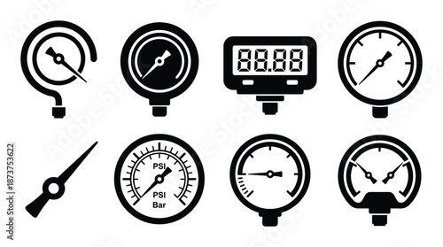Pressure gauge vector set, analog and digital, black and white, isolated pressure meters for monitoring and control