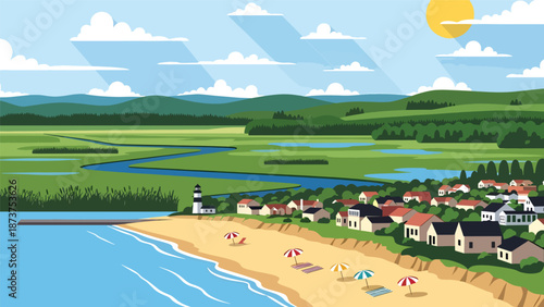 Flat vector illustration of New Jersey landscape combining sandy beaches, wetlands, coastal towns, and inland countryside, diverse scenery in clean flat vector style