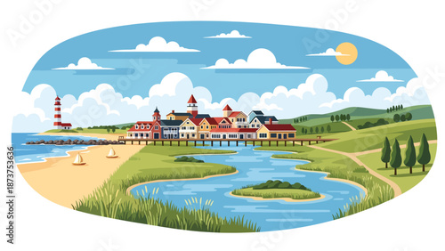 Flat vector illustration of New Jersey landscape combining sandy beaches, wetlands, coastal towns, and inland countryside, diverse scenery in clean flat vector style