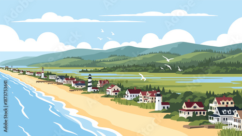 Flat vector illustration of New Jersey landscape combining sandy beaches, wetlands, coastal towns, and inland countryside, diverse scenery in clean flat vector style