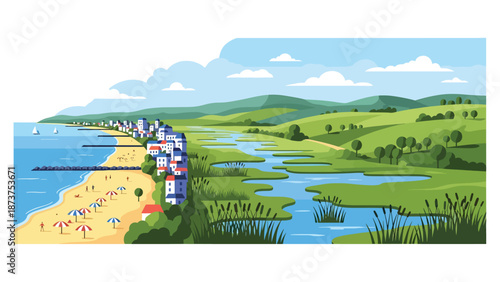 Flat vector illustration of New Jersey landscape combining sandy beaches, wetlands, coastal towns, and inland countryside, diverse scenery in clean flat vector style