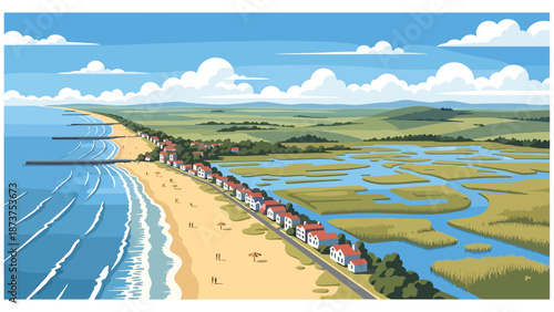 Flat vector illustration of New Jersey landscape combining sandy beaches, wetlands, coastal towns, and inland countryside, diverse scenery in clean flat vector style