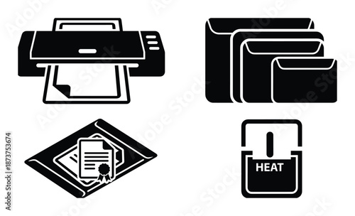 Printer, envelopes, document, and heat vector icons isolated on white background for office supply