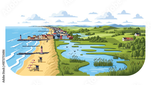 Flat vector illustration of New Jersey landscape combining sandy beaches, wetlands, coastal towns, and inland countryside, diverse scenery in clean flat vector style