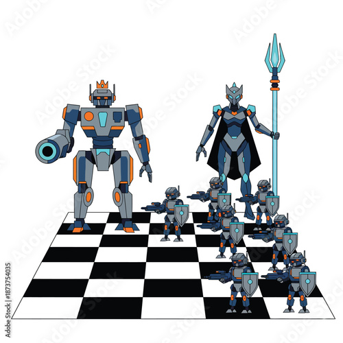 Futuristic Robotic Chess Battle Mechanical King and Queen Lead Their Army on a Digital Board