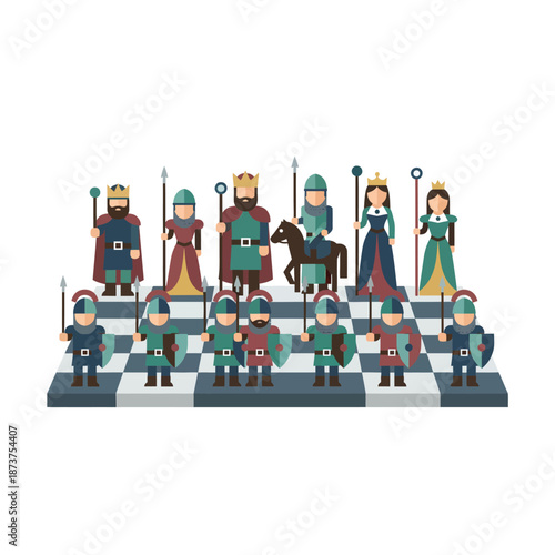 Chess game with royalty and soldiers, strategic board game with royal figures and warriors