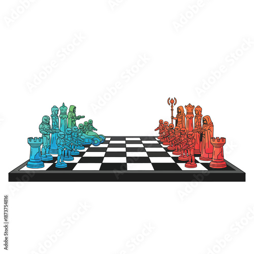 Strategic Game of Chess with Opposing Forces in Blue and Red, Symbolizing Conflict and Competition