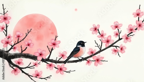 Small bird rests on cherry blossom branch with pink flowers and red moon. Watercolor art shows springtime nature scene with blooming flowers and delicate animal.