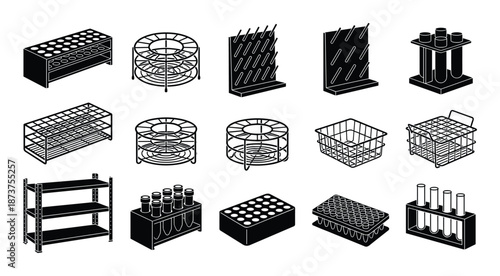 Science laboratory racks and stands for test tubes, flasks, beakers, and drying glassware black and white vector