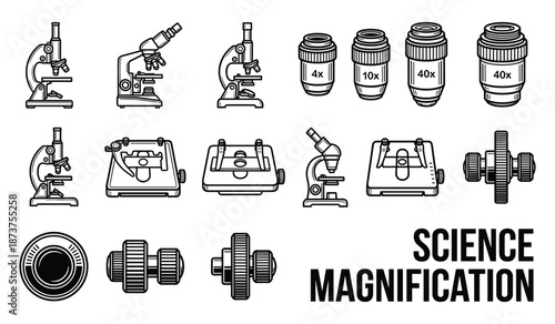 Science microscope magnification elements set, black line drawing vector illustration