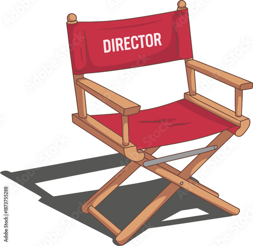 Director chair, classic red film director’s chair with sturdy wooden frame symbolizing leadership, creative vision, filmmaking authority, and entertainment industry concept