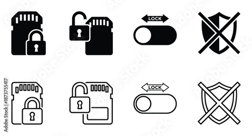 SD card lock unlock icons set. Memory card protection and security symbols in solid and outline styles.