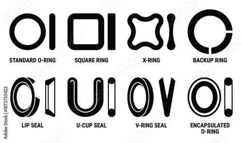 Seal Types Vector Illustration, O-Ring, Square, Backup, Lip, U-Cup, V-Ring, Encapsulated Designs