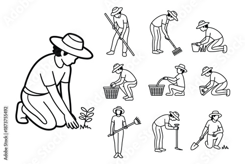 Gardening Activities Collection Planting, Watering, Weeding, and Digging Illustrations