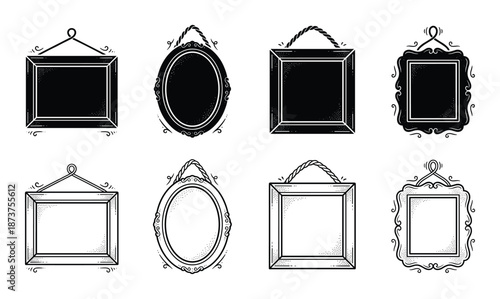 Set of antique photo frames with different shapes and hanging rope
