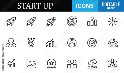 Business startup and launch outline icons for presentations