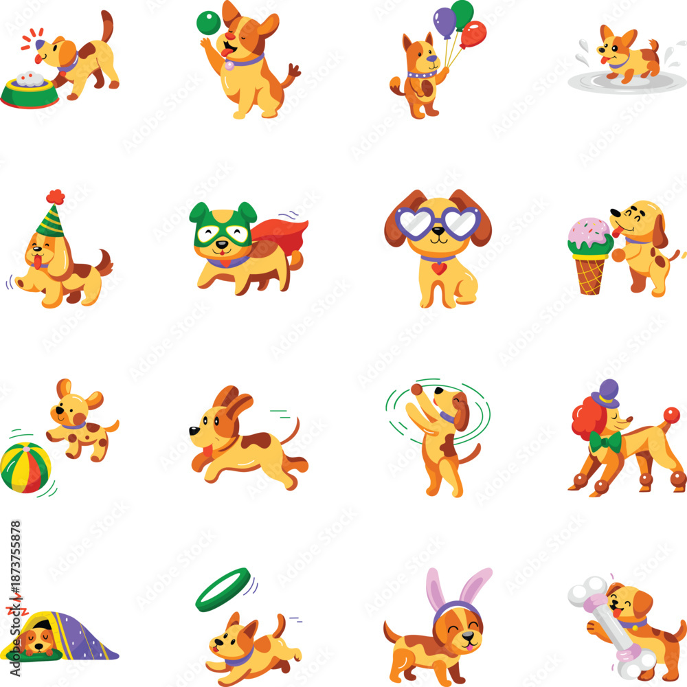 Obraz premium Collection of Dogs Playing Flat Style Icons 