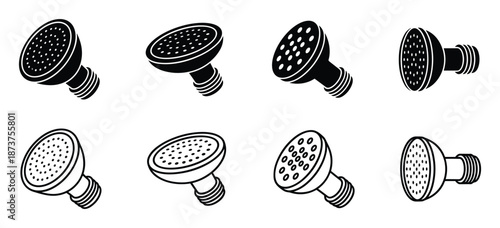 Set of eight shower heads vector line art illustration in black and white color isolated on plain background