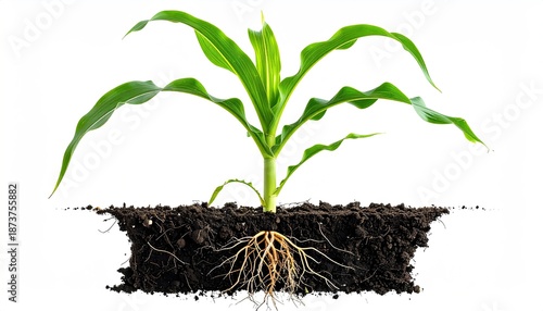Young green plant with roots in soil, white background