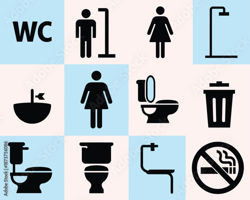 Collection of universally recognized public restroom and hygiene symbols for guiding visitors and ensuring accessibility in various facilities