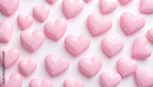 A delightful pattern of pink, heart-shaped objects with white polka dots, arranged against a matching background