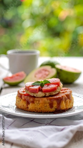 Dessert on a plate with fresh fruit and beverage, bokeh background
