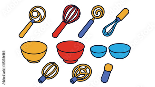 A colorful illustration of kitchen utensils and bowls for baking and cooking