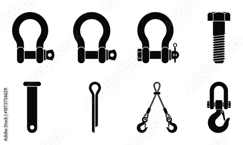 Shackles, Bolts, and Pins Vector Illustration. Black industrial hardware, rigging equipment and fasteners