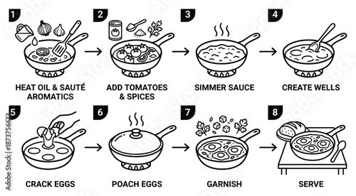 Shakshuka Recipe Steps Vector Illustration, Aromatic, Tomatoes, Eggs, Garnish, Serve, Food, Dish