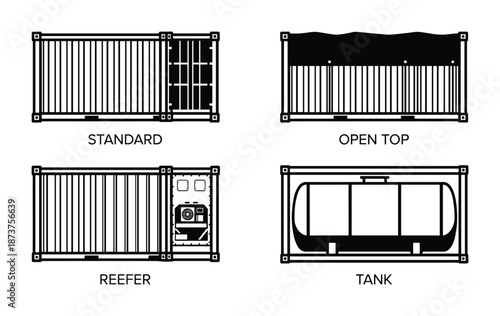 Shipping Container Types Vector: Standard, Open Top, Reefer, and Tank for Cargo Transportation