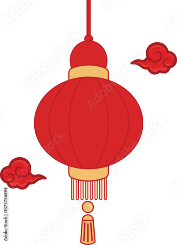 Set of traditional red Chinese lanterns with gold tassels and auspicious clouds. Classic oriental lighting symbols for Lunar New Year, Mid-Autumn Festival, and Asian cultural celebrations.