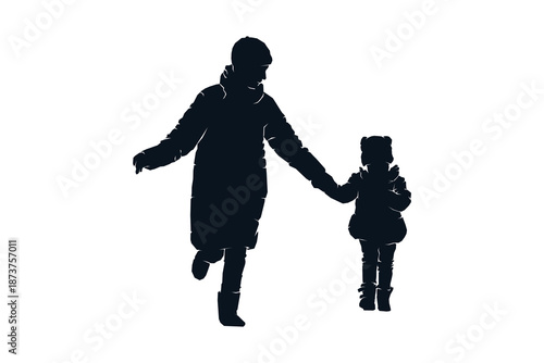 Silhouette of Parent mother and kid holding hands together walking in snow winter, black and white vector illustration