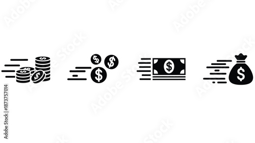 A collection of money icons including coins, dollars, and a money bag