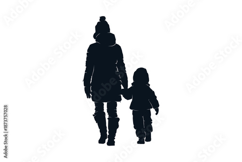 Silhouette of Parent mother and kid holding hands together walking in snow winter, black and white vector illustration