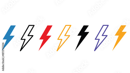 A collection of vibrant lightning bolt icons in black and orange colors