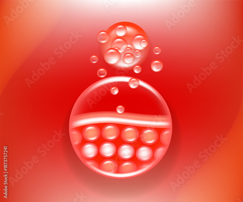 Hyaluronic acid and Niacinamide skin solutions ad, red collagen serum drops into skin cell with cosmetic advertising background ready to use, illustration vector.