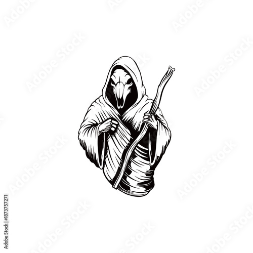 black and white hand drawn illustration of the grim reaper