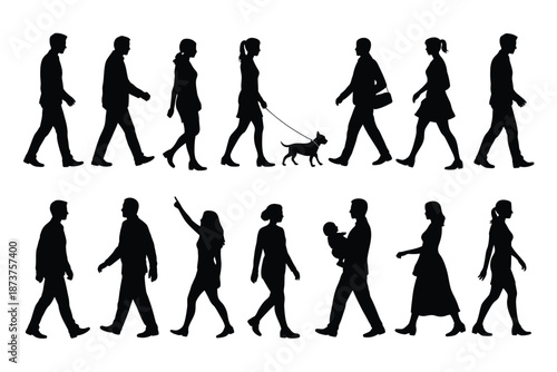 Silhouettes of People and a Dog Walking in a Group on a White Background
