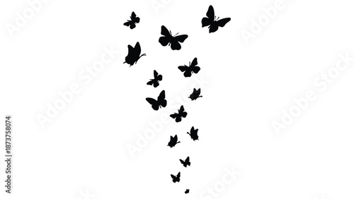 A flock of black butterflies flying in a diagonal line on a white background