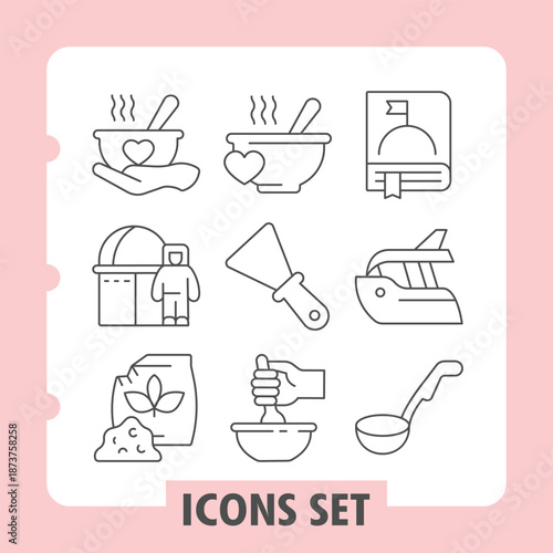 Soup bowl, spaceman, spices simple icons set depicting cooking and preparation. Perfect items in outline style for web apps and print on white background. Vector graphics. Set of nine thin line icons.