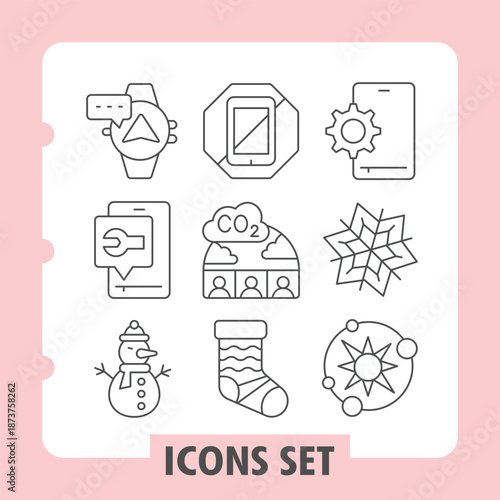 Smartwatch, phone, snowman simple icons set depicting technology, holiday and ecology items in outline style for web apps and print on white background. Vector graphics. Set of nine thin line icons.
